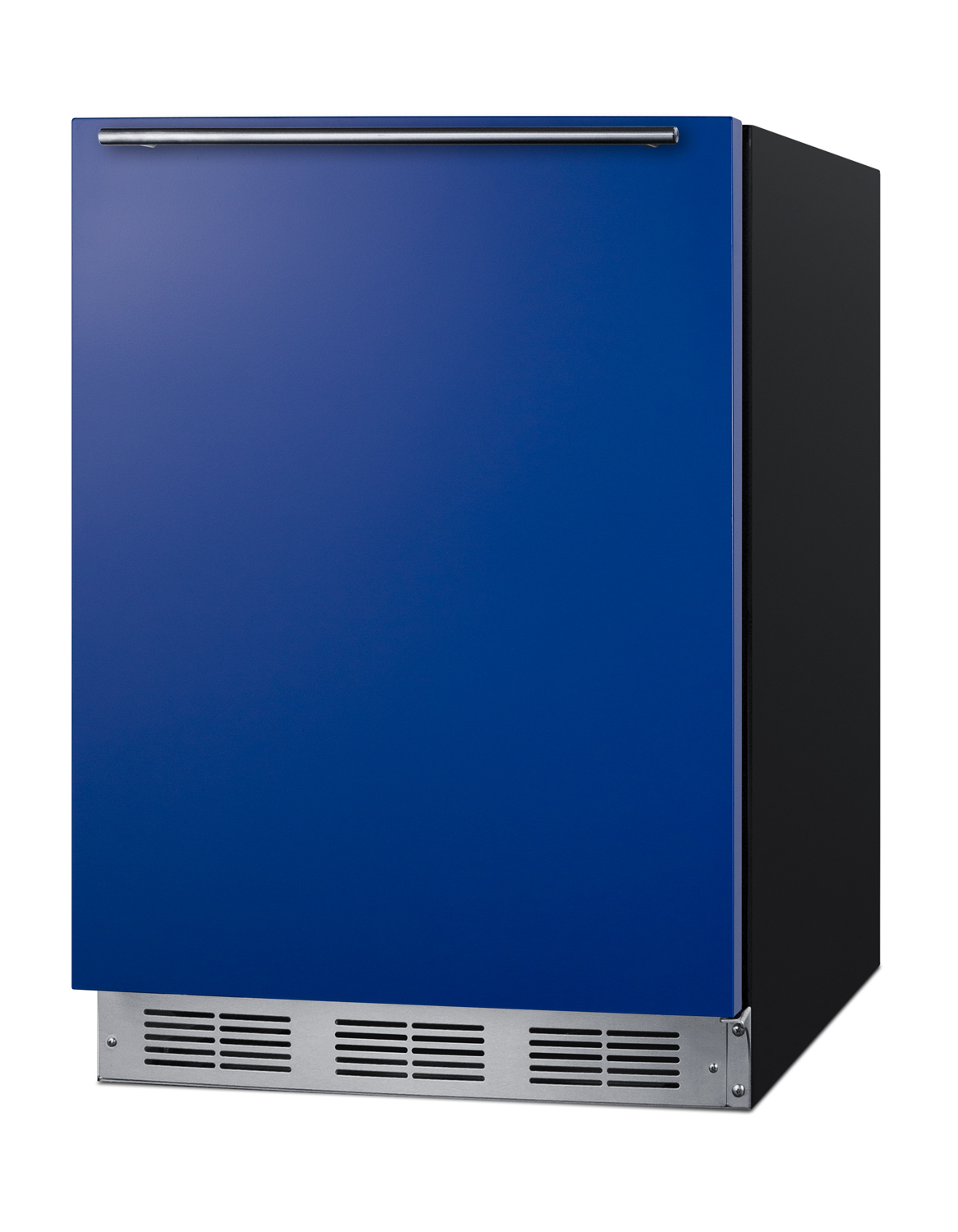 24 in. wide ADA height refrigerator-freezer for residential use with a cobalt blue door, stainless steel handle, and black cabinet